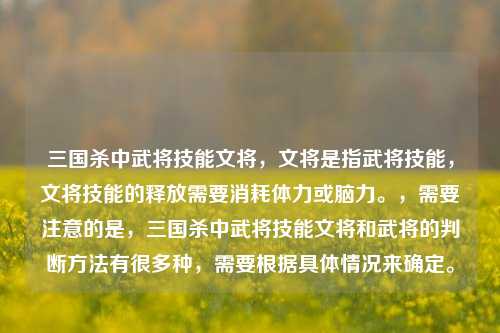 三国杀中武将技能文将，文将是指武将技能，文将技能的释放需要消耗体力或脑力。，需要注意的是，三国杀中武将技能文将和武将的判断方法有很多种，需要根据具体情况来确定。